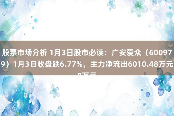 股票市场分析 1月3日股市必读：广安爱众（600979）1月3日收盘跌6.77%，主力净流出6010.48万元