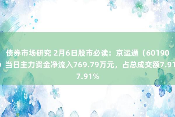 债券市场研究 2月6日股市必读：京运通（601908）当日主力资金净流入769.79万元，占总成交额7.91%