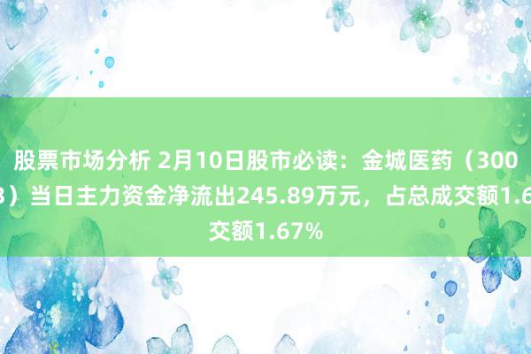 股票市场分析 2月10日股市必读：金城医药（300233）当日主力资金净流出245.89万元，占总成交额1.67%